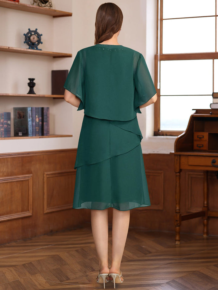 A-Line/Princess V-Neck Knee Length Mother of the Bride & Groom Dresses with Jacket & Sequins