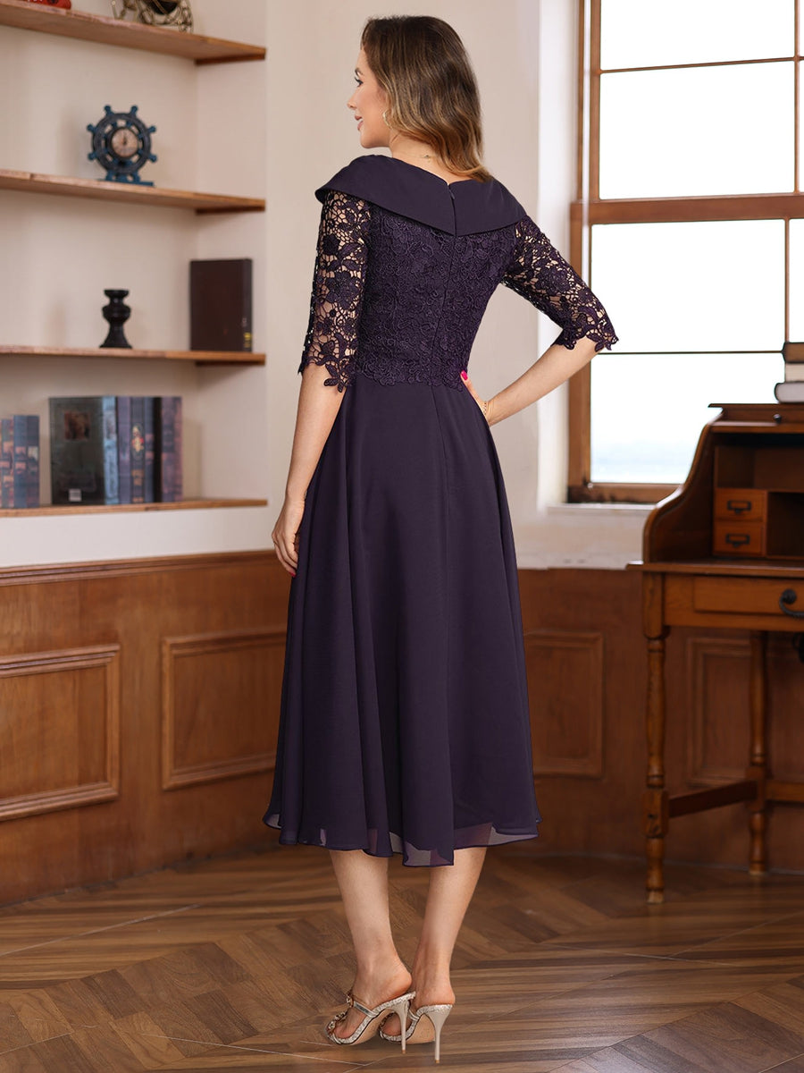 A-Line/Princess V-Neck Half Sleeves Tea Length Mother of the Bride & Groom Dresses with Lace Appliques