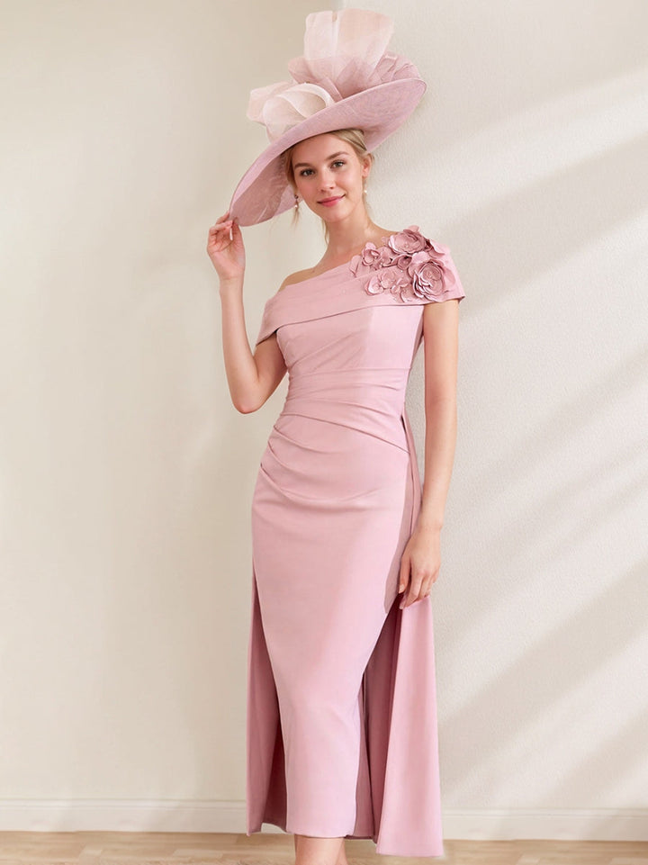 Sheath/Column Off-the-Shoulder Pleated Tea-Length Mother of the Bride Dresses with 3D Flower