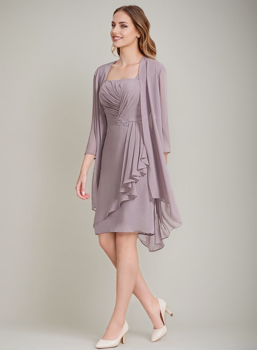 Sheath/Column Square Neckline 3/4 Sleeves Knee-Length Ruched Mother Of the Bride Dresses with Jacket & Ruffles & Pleats & Beads