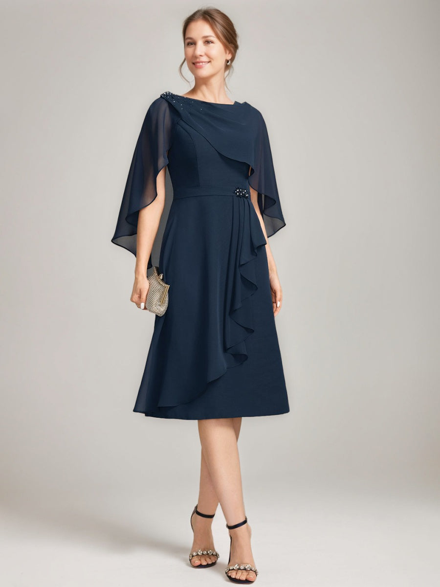 Sheath/Column Jewel Neck Tea-Length Mother Of The Bride Dresses with Detachable Cape & Ruffles & Beads