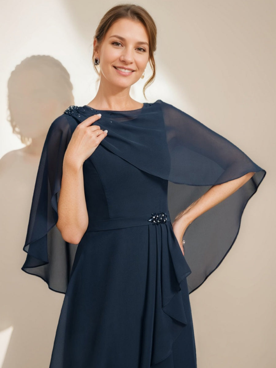 Sheath/Column Jewel Neck Tea-Length Mother Of The Bride Dresses with Detachable Cape & Ruffles & Beads