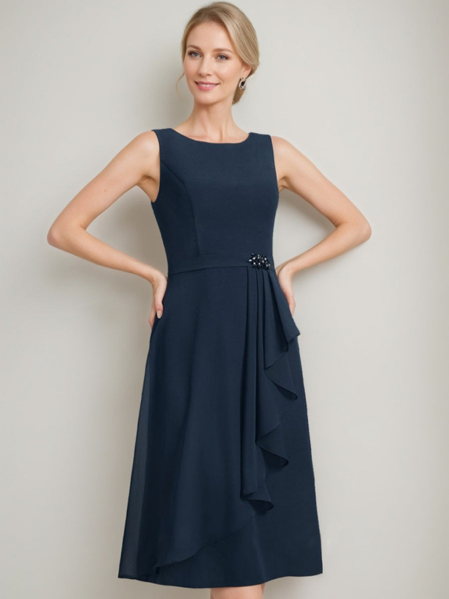Sheath/Column Jewel Neck Tea-Length Mother Of The Bride Dresses with Detachable Cape & Ruffles & Beads
