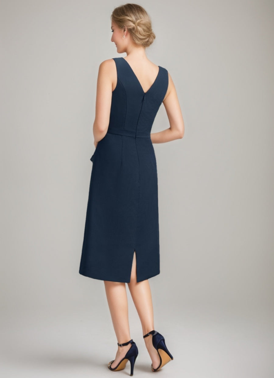 Sheath/Column Jewel Neck Tea-Length Mother Of The Bride Dresses with Detachable Cape & Ruffles & Beads