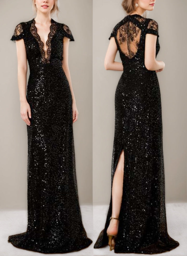 Sheath/Column Sequined Floor-Length Plunge V-Neck Mother Of The Bride Dresses with Lace & Slit
