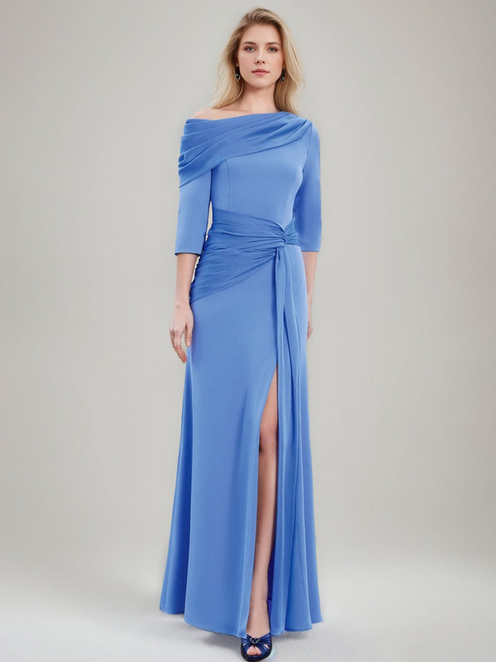 Sheath/Column Asymmetrical Draped Neckline 3/4 Sleeves Floor-Length Pleated Mother of the Bride Dresses with Chiffon & Slit