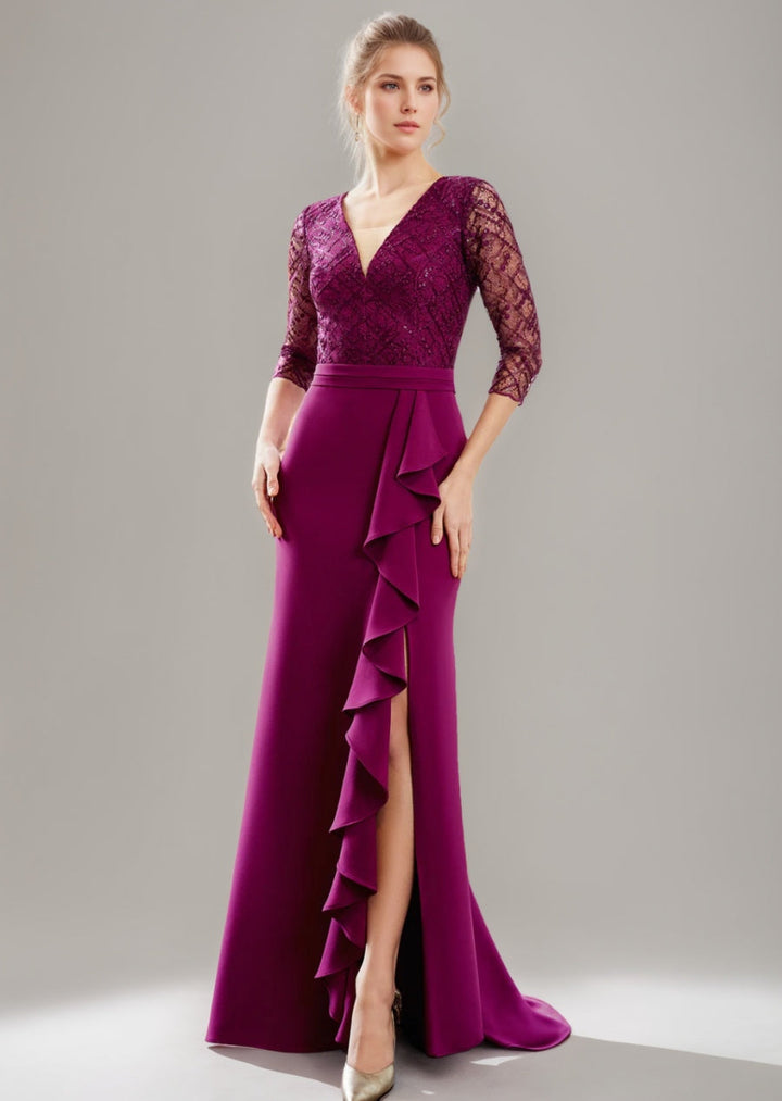 Trumpet/Mermaid V-Neck Floor-Length Mother of the Bride Dresses with Slit & Ruffles & Tulle Lace