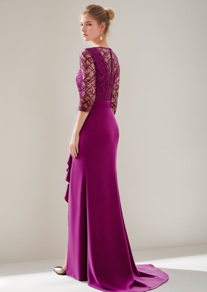 Trumpet/Mermaid V-Neck Floor-Length Mother of the Bride Dresses with Slit & Ruffles & Tulle Lace
