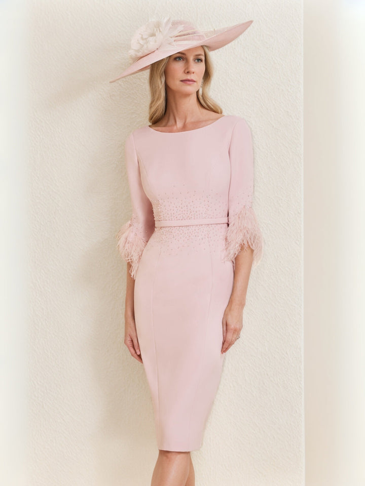 Sheath/Column Scoop Tea-Length Mother of the Bride Dresses with Feather