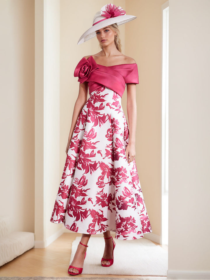 A-Line/Princess Off-the-shoulder Short Sleeves Ankle-Length Ruched Printed Floral Mother of the Bride Dresses with 3D Flowers