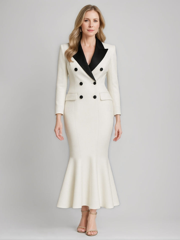 Trumpet/Mermaid V-Neck Peaked Lapel Long Sleeves Ankle-Length Mother of the Bride Dresses with Ruffles & Pockets & Buttons