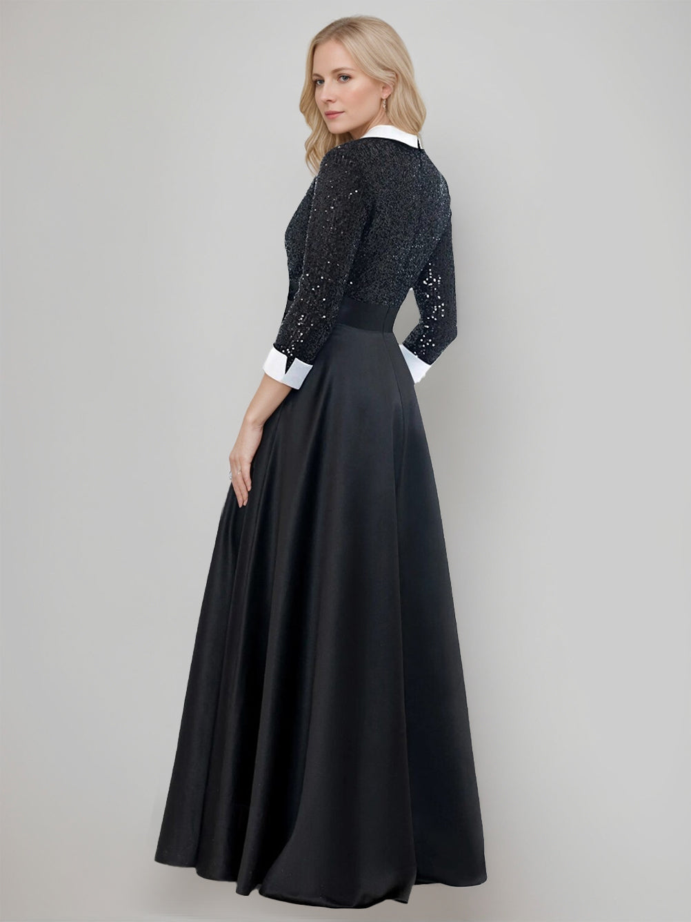 A-Line/Princess Shirt Collar 3/4 Sleeves Floor-Length Mother of the Bride Dresses with Sequins & Self-tie Sash & Pocket
