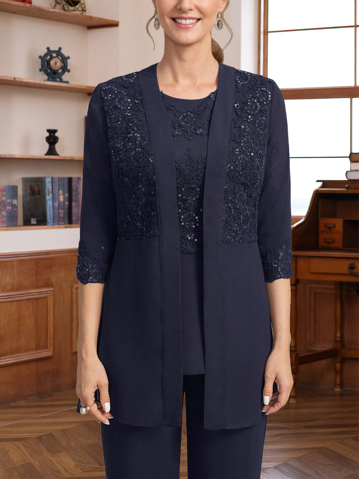 3 Pieces Scoop Half Sleeves Floor-Length Mother of the Bride Pantsuits with Appliques & Sequins & Jacket
