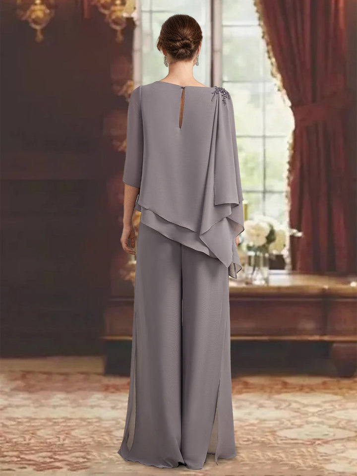 2 Pieces Scoop 3/4 Sleeves Floor-Length Mother of the Bride Pantsuits with Jewel Appliques