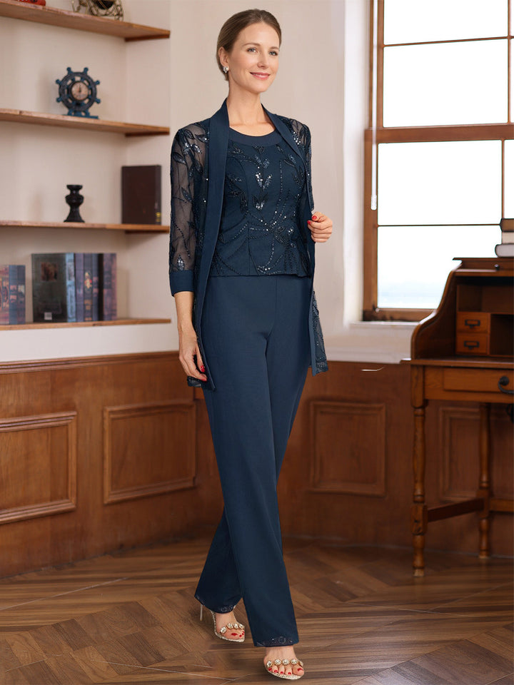 3 Pieces Scoop Sleeveless Floor-Length Mother of the Bride Pantsuits with Appliques & Sequins & Jacket