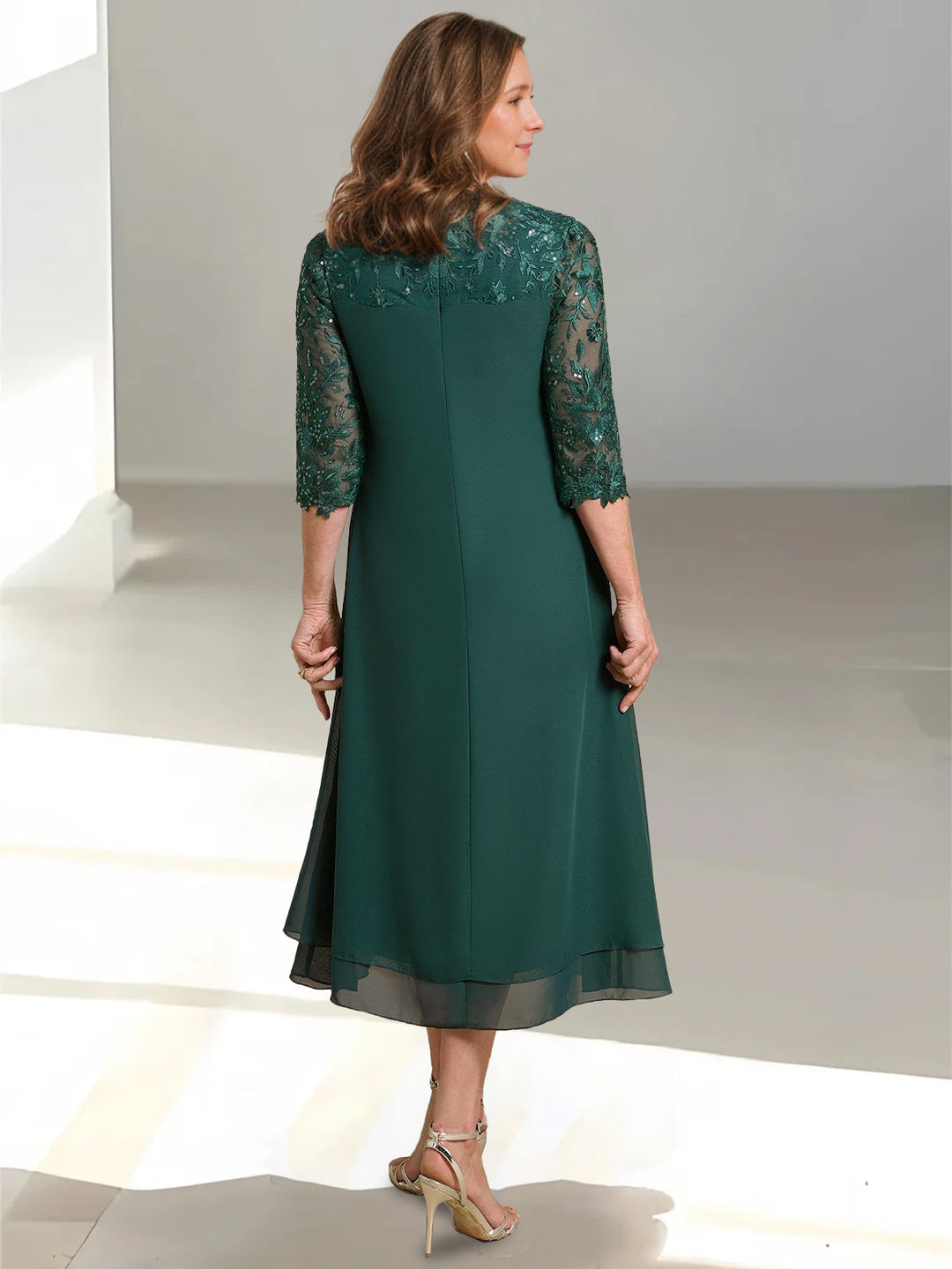 A-Line/Princess Scoop 3/4 Sleeves Tea-Length Mother of the Bride Dresses with Appliques & Sequins