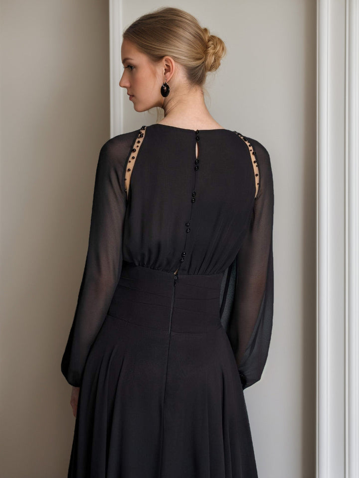 A-Line/Princess Round Neck Long Sleeves Tea-Length Mother of the Bride Dresses with Beading