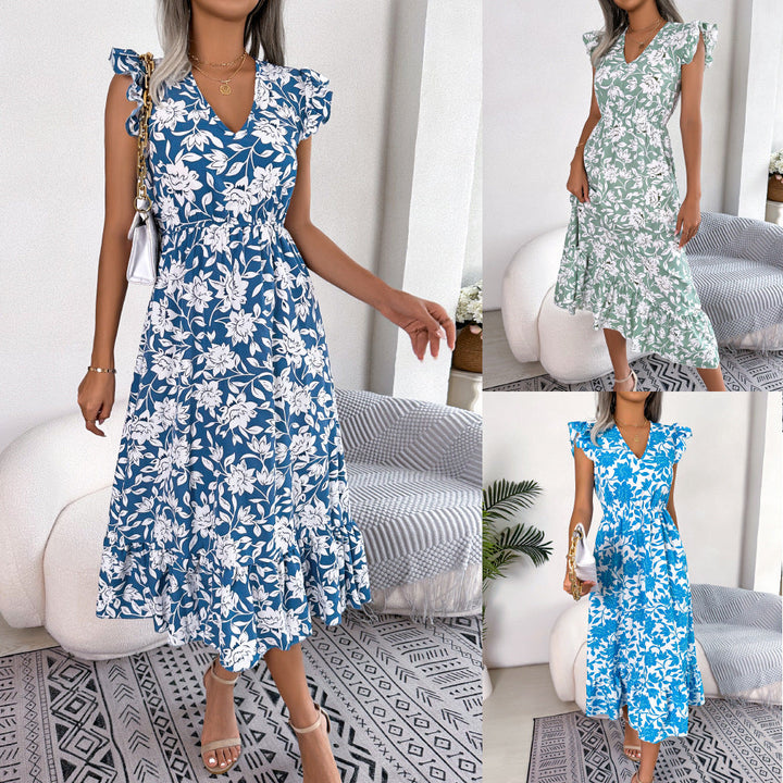 AzureBloom V-Neck Floral Midi Dress