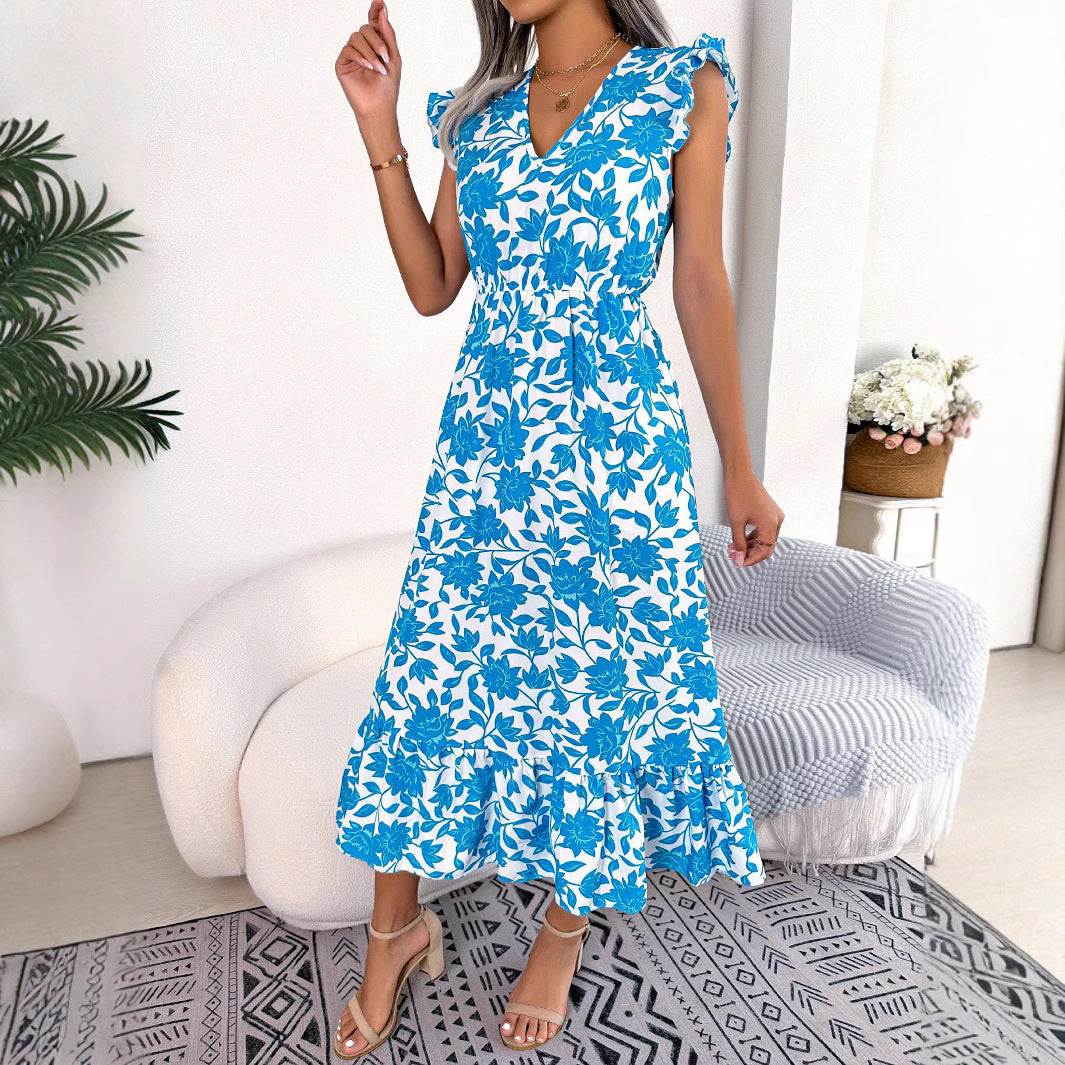 AzureBloom V-Neck Floral Midi Dress