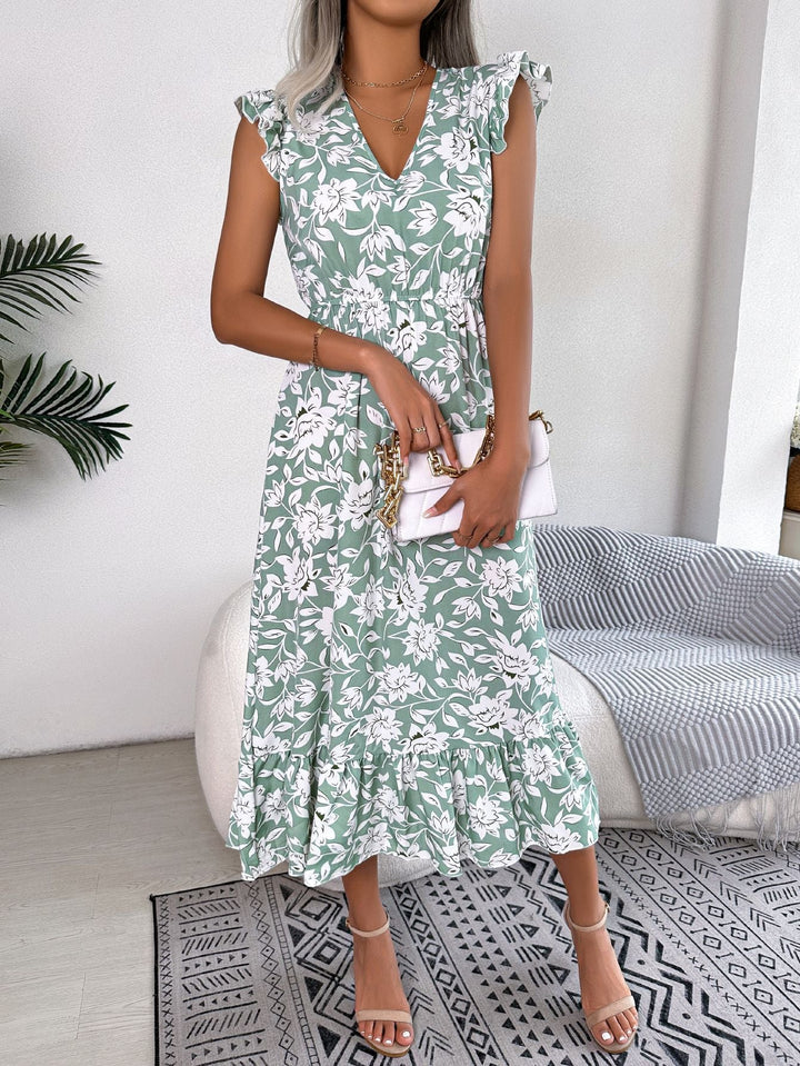 AzureBloom V-Neck Floral Midi Dress