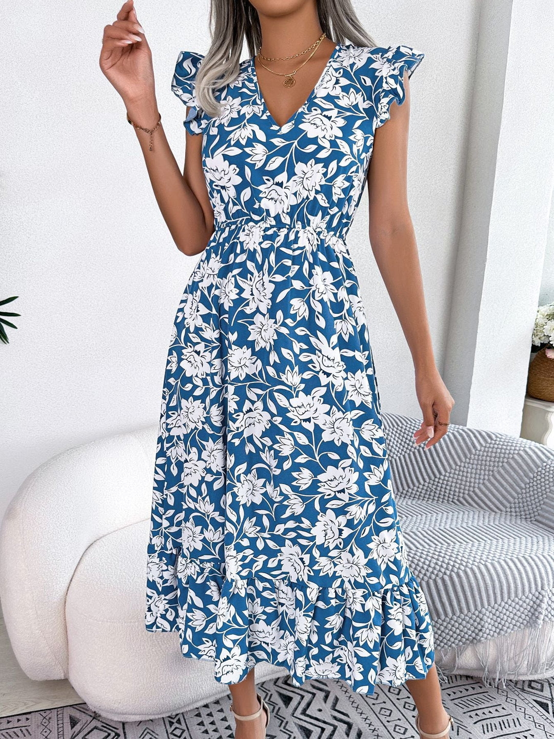 AzureBloom V-Neck Floral Midi Dress