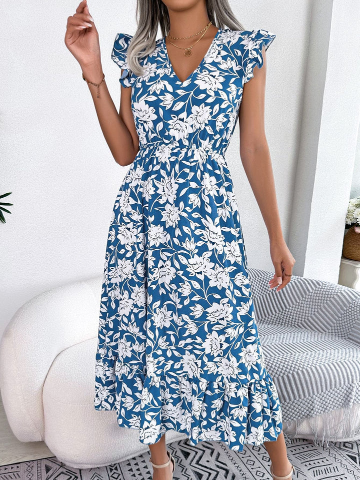 AzureBloom V-Neck Floral Midi Dress