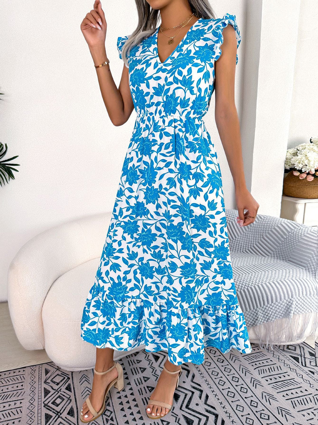 AzureBloom V-Neck Floral Midi Dress