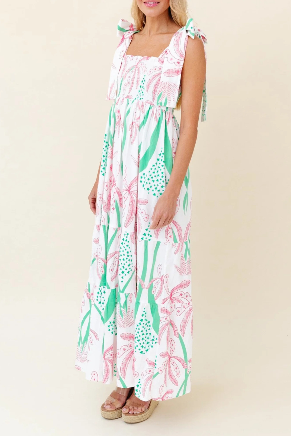 Naomi - Boho Gingham Smocked Maxi Dress with Tied Straps