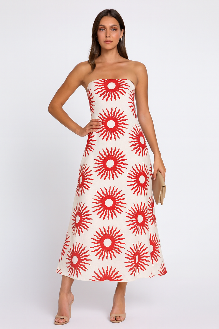 Stella - Tropical Print Strapless Maxi Dress with Flowy Design