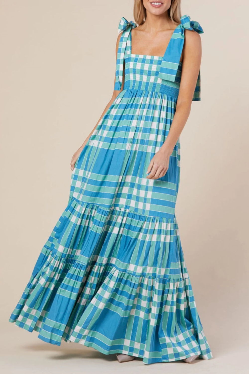 Naomi - Boho Gingham Smocked Maxi Dress with Tied Straps