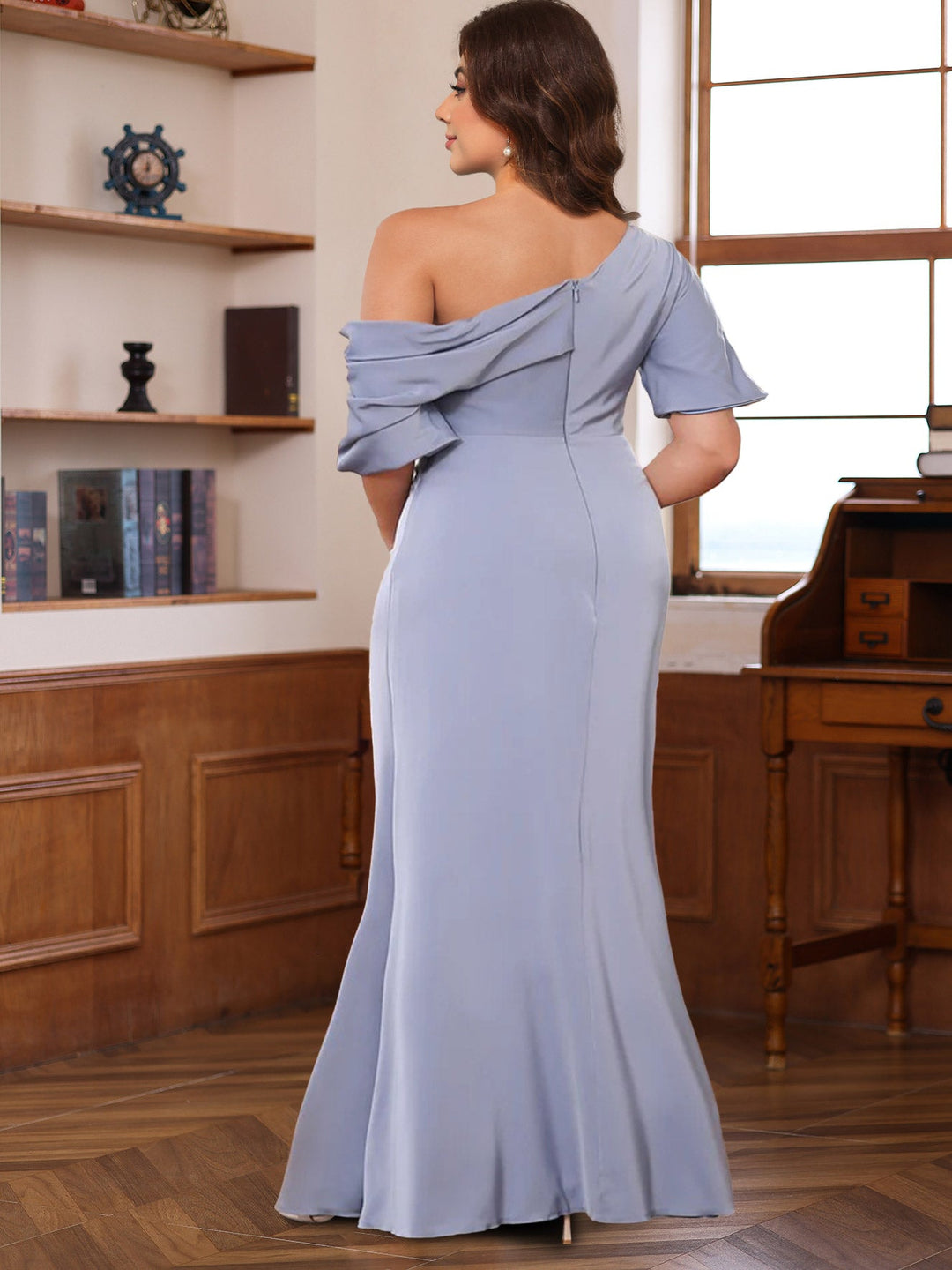 Sheath/Column One-Shoulder Half Sleeves Floor-Length Silk Satin Plus Size Mother of the Bride Dresses with Ruffles