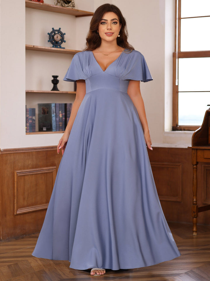 A-Line/Princess V-Neck Short Sleeves Floor-Length Plus Size Mother of the Bride long Dresses with Ruffles