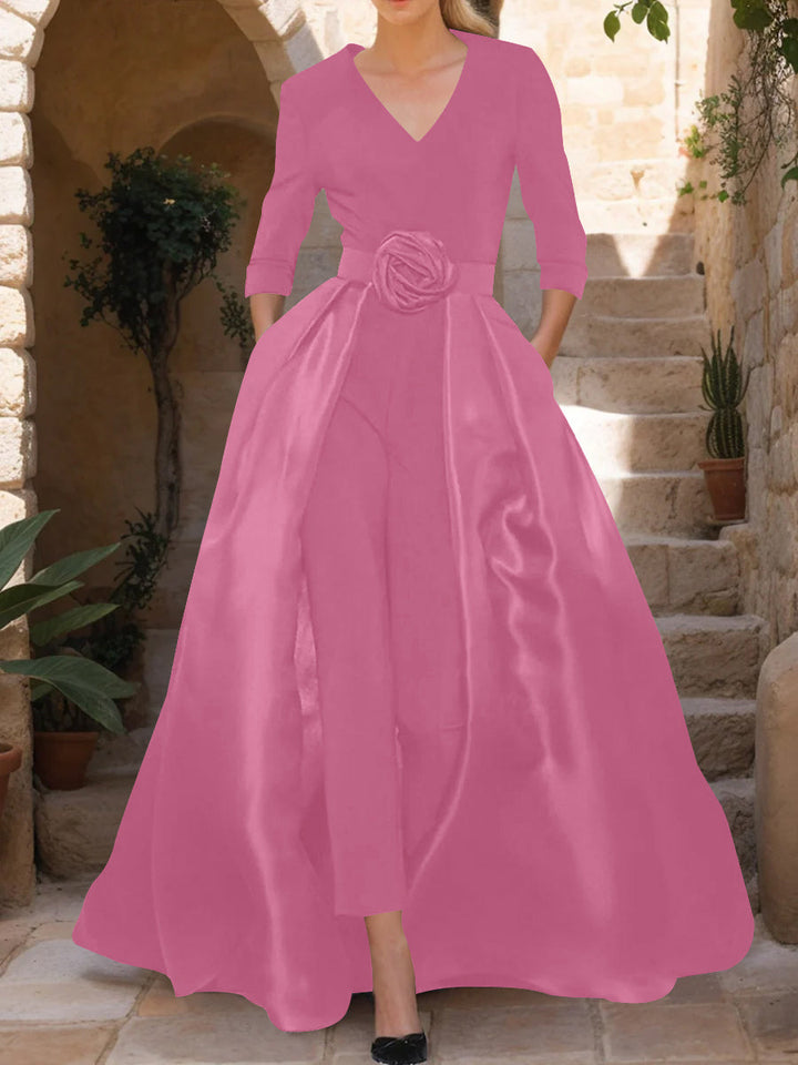 V-Neck 3/4 Sleeves Mother of the Bride Pantsuits with Flower Belt