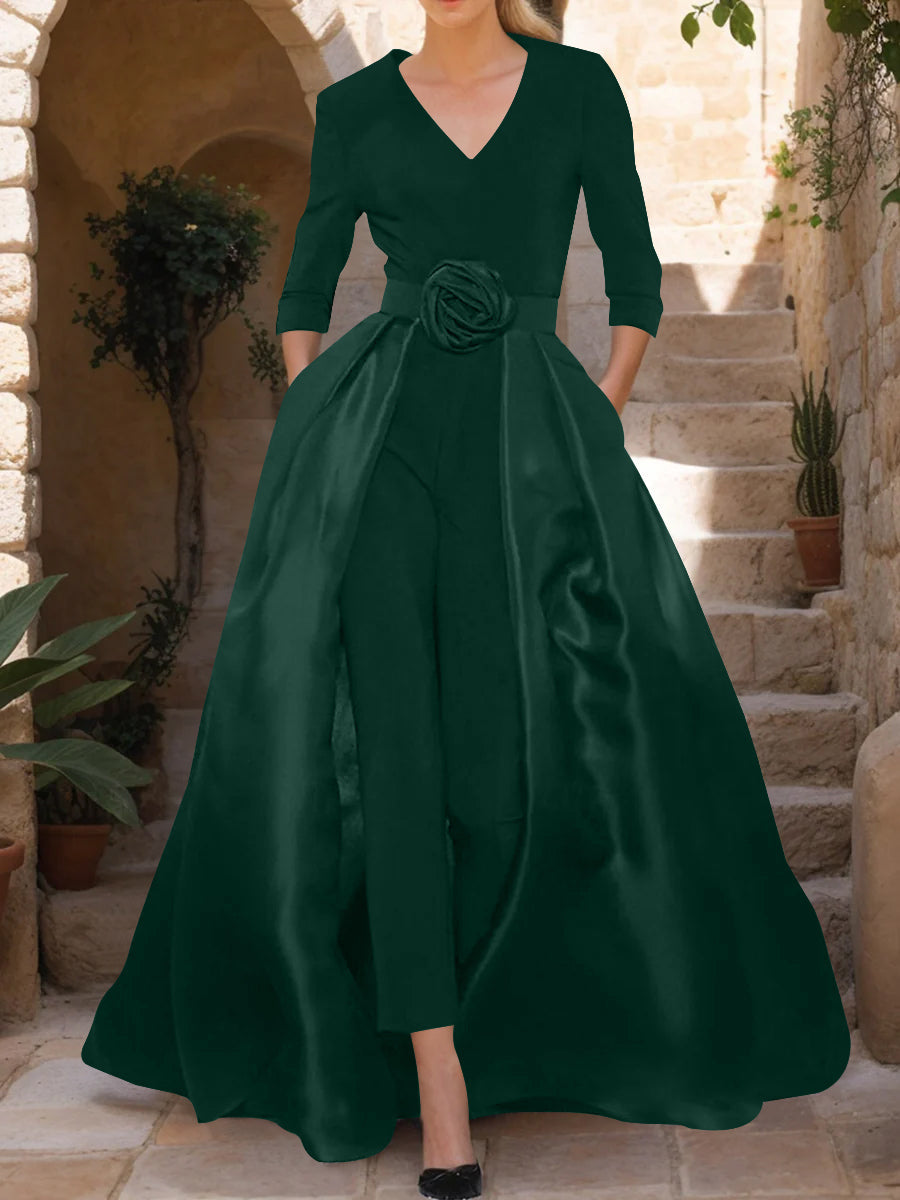 V-Neck 3/4 Sleeves Mother of the Bride Pantsuits with Flower Belt