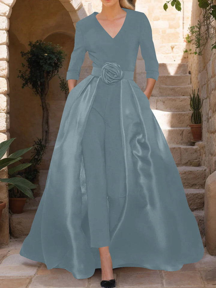 V-Neck 3/4 Sleeves Mother of the Bride Pantsuits with Flower Belt