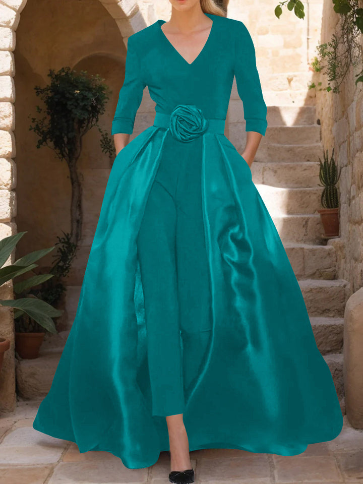 V-Neck 3/4 Sleeves Mother of the Bride Pantsuits with Flower Belt