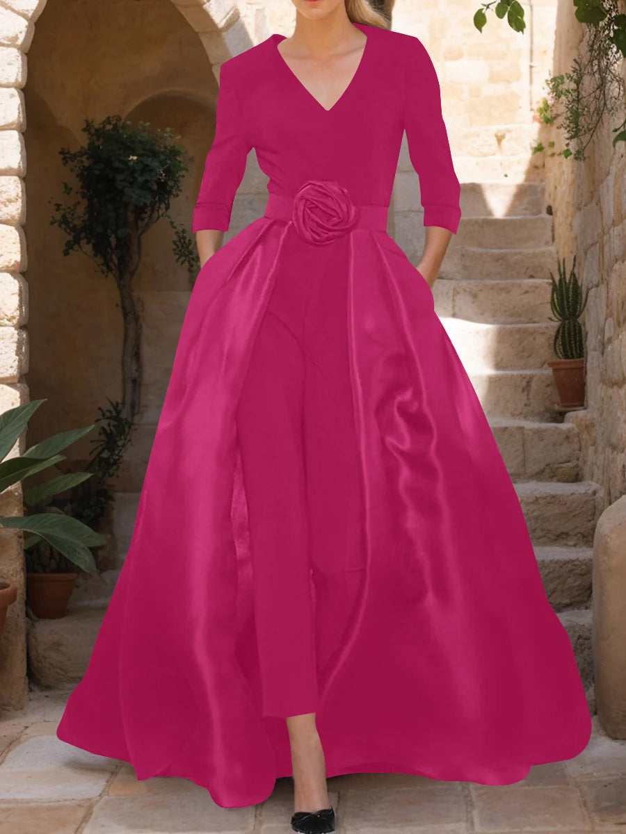 V-Neck 3/4 Sleeves Mother of the Bride Pantsuits with Flower Belt
