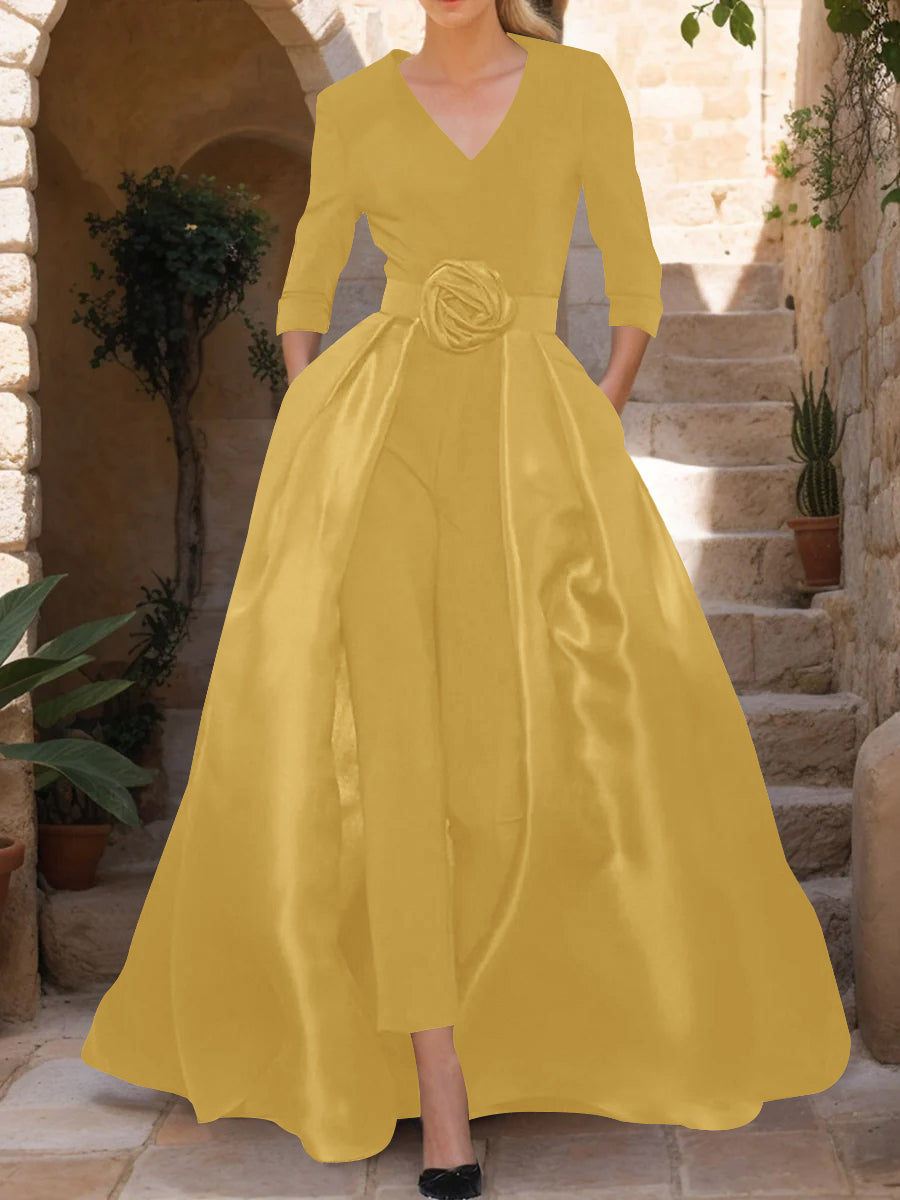 V-Neck 3/4 Sleeves Mother of the Bride Pantsuits with Flower Belt