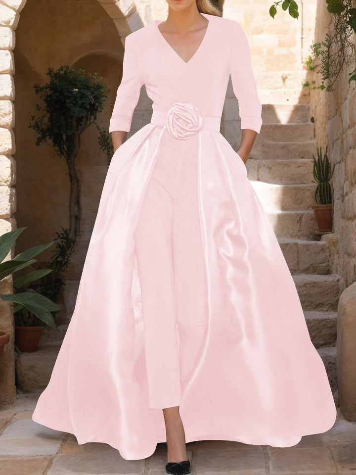 V-Neck 3/4 Sleeves Mother of the Bride Pantsuits with Flower Belt