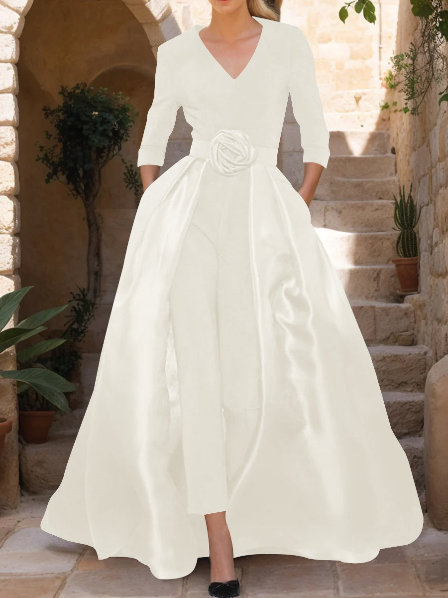 V-Neck 3/4 Sleeves Mother of the Bride Pantsuits with Flower Belt