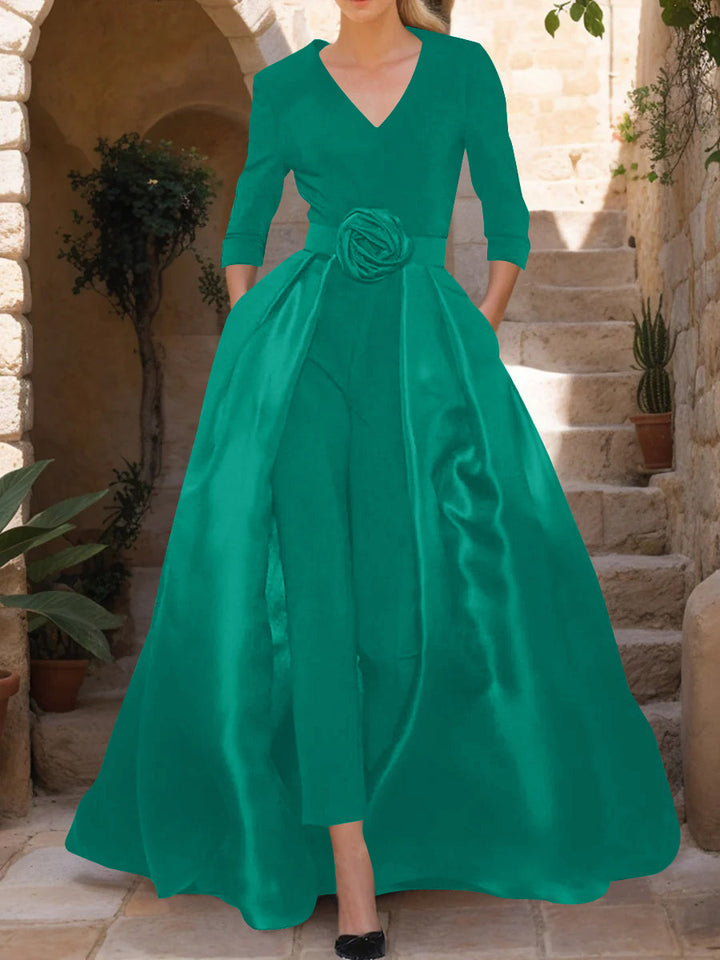 V-Neck 3/4 Sleeves Mother of the Bride Pantsuits with Flower Belt