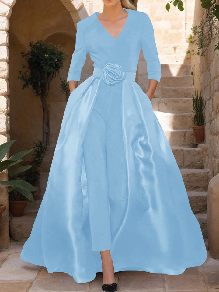 V-Neck 3/4 Sleeves Mother of the Bride Pantsuits with Flower Belt