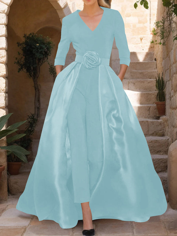 V-Neck 3/4 Sleeves Mother of the Bride Pantsuits with Flower Belt