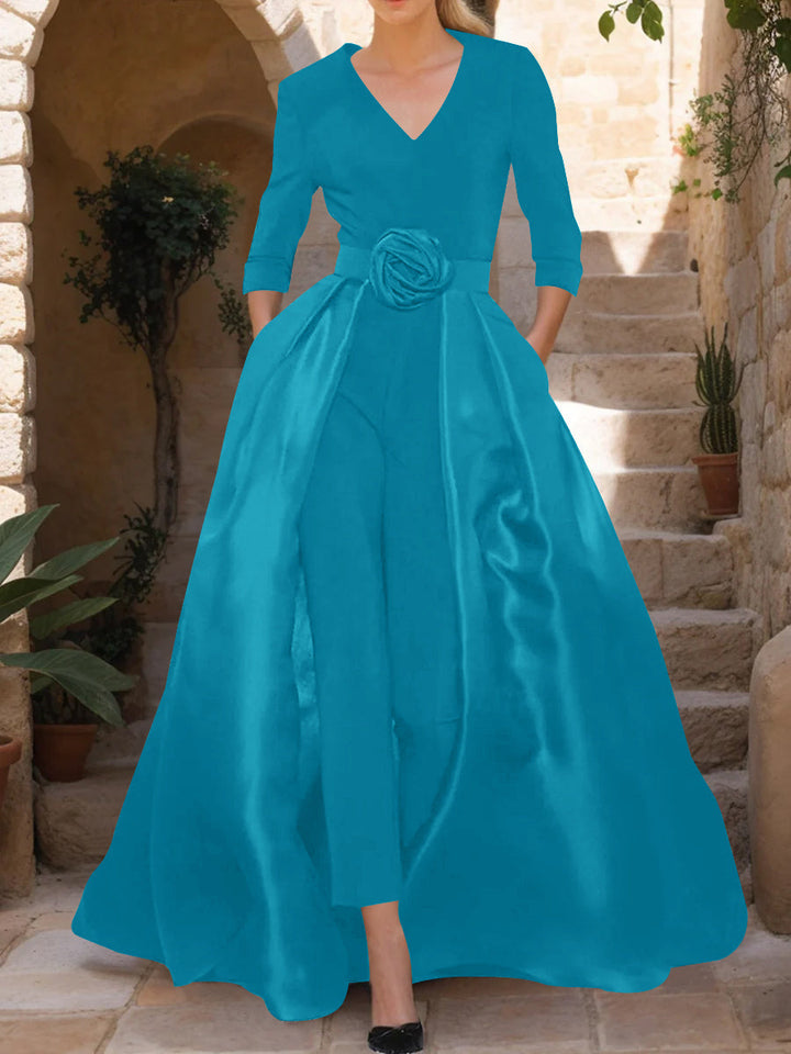 V-Neck 3/4 Sleeves Mother of the Bride Pantsuits with Flower Belt