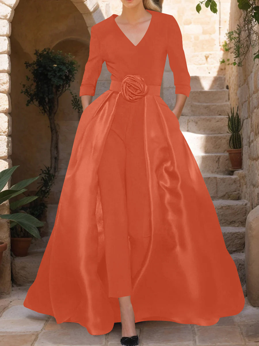 V-Neck 3/4 Sleeves Mother of the Bride Pantsuits with Flower Belt
