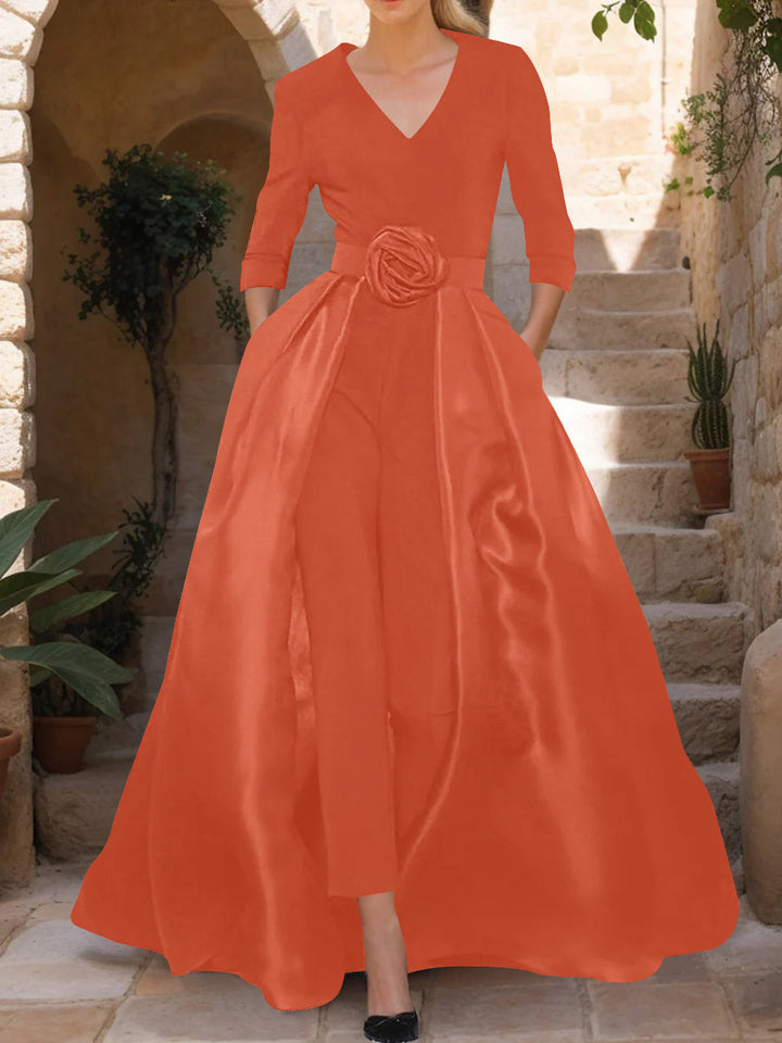 V-Neck 3/4 Sleeves Mother of the Bride Pantsuits with Flower Belt