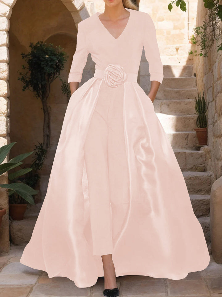 V-Neck 3/4 Sleeves Mother of the Bride Pantsuits with Flower Belt