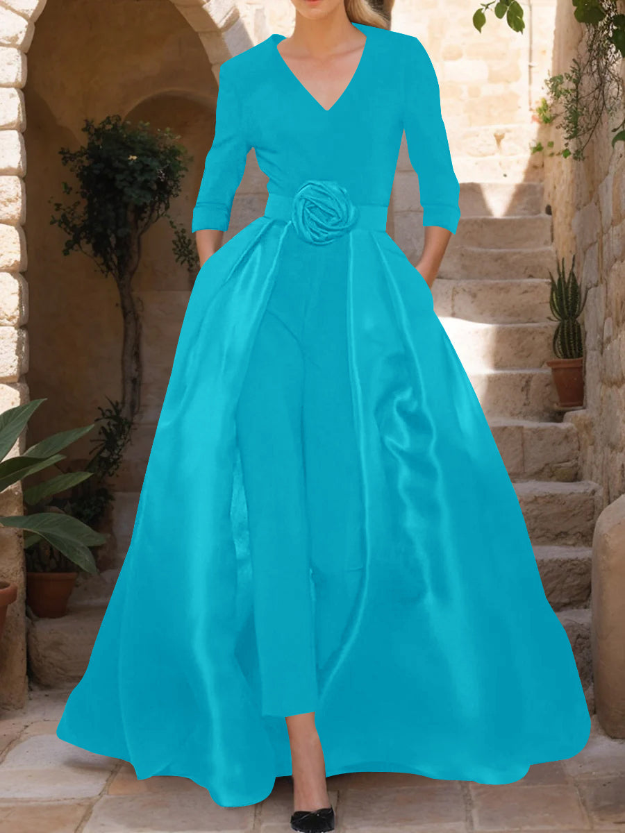 V-Neck 3/4 Sleeves Mother of the Bride Pantsuits with Flower Belt