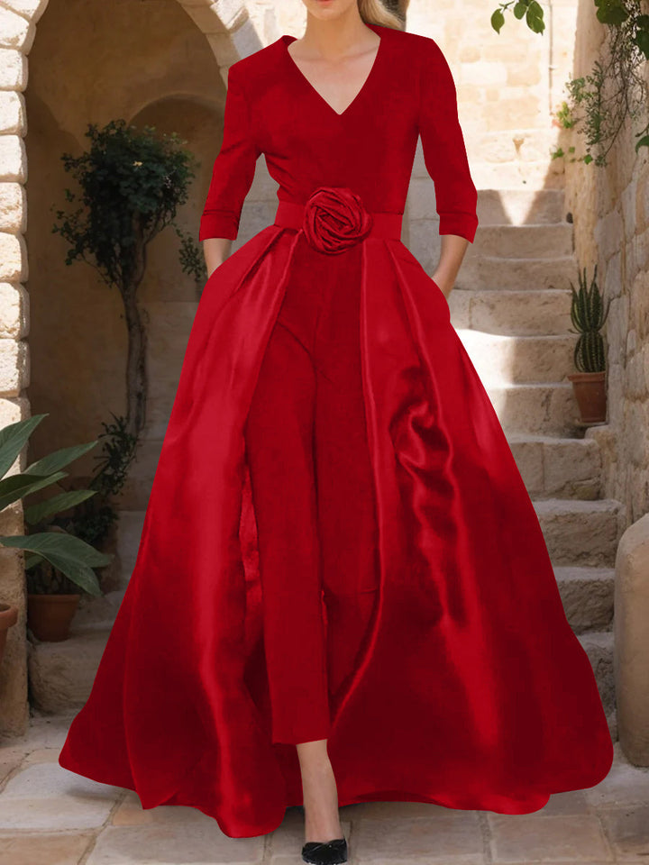 V-Neck 3/4 Sleeves Mother of the Bride Pantsuits with Flower Belt