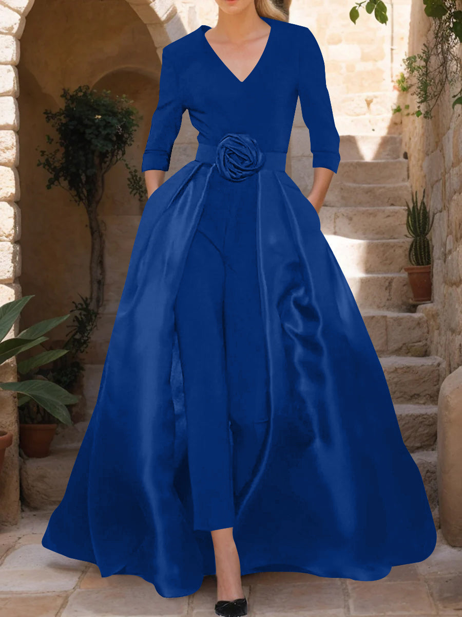 V-Neck 3/4 Sleeves Mother of the Bride Pantsuits with Flower Belt